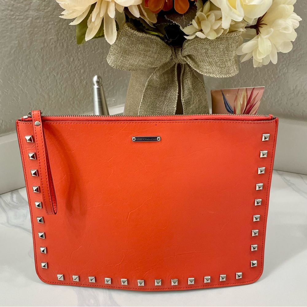 Rebecca Minkoff‎ Studded Leather Wristlet / Clutch in Orange and Gray